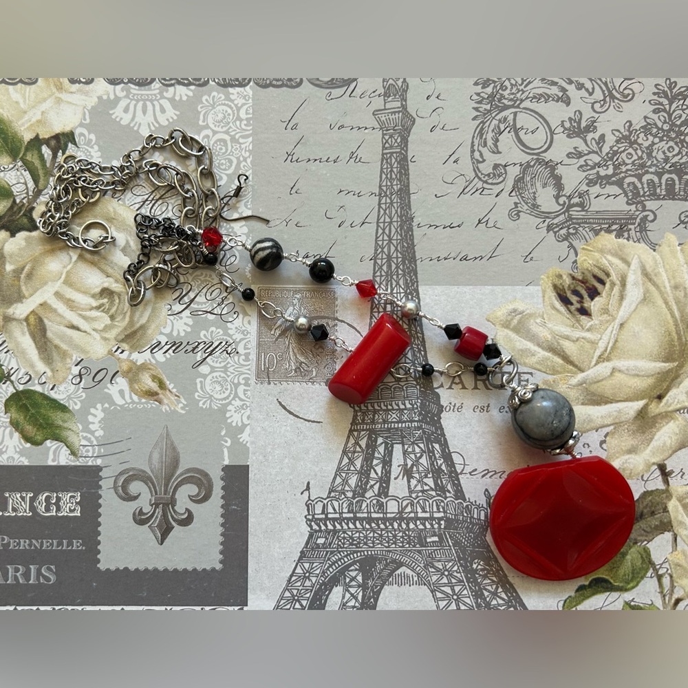 Vintage Repurposed old Buckle Button and Gemstone Beads Necklace